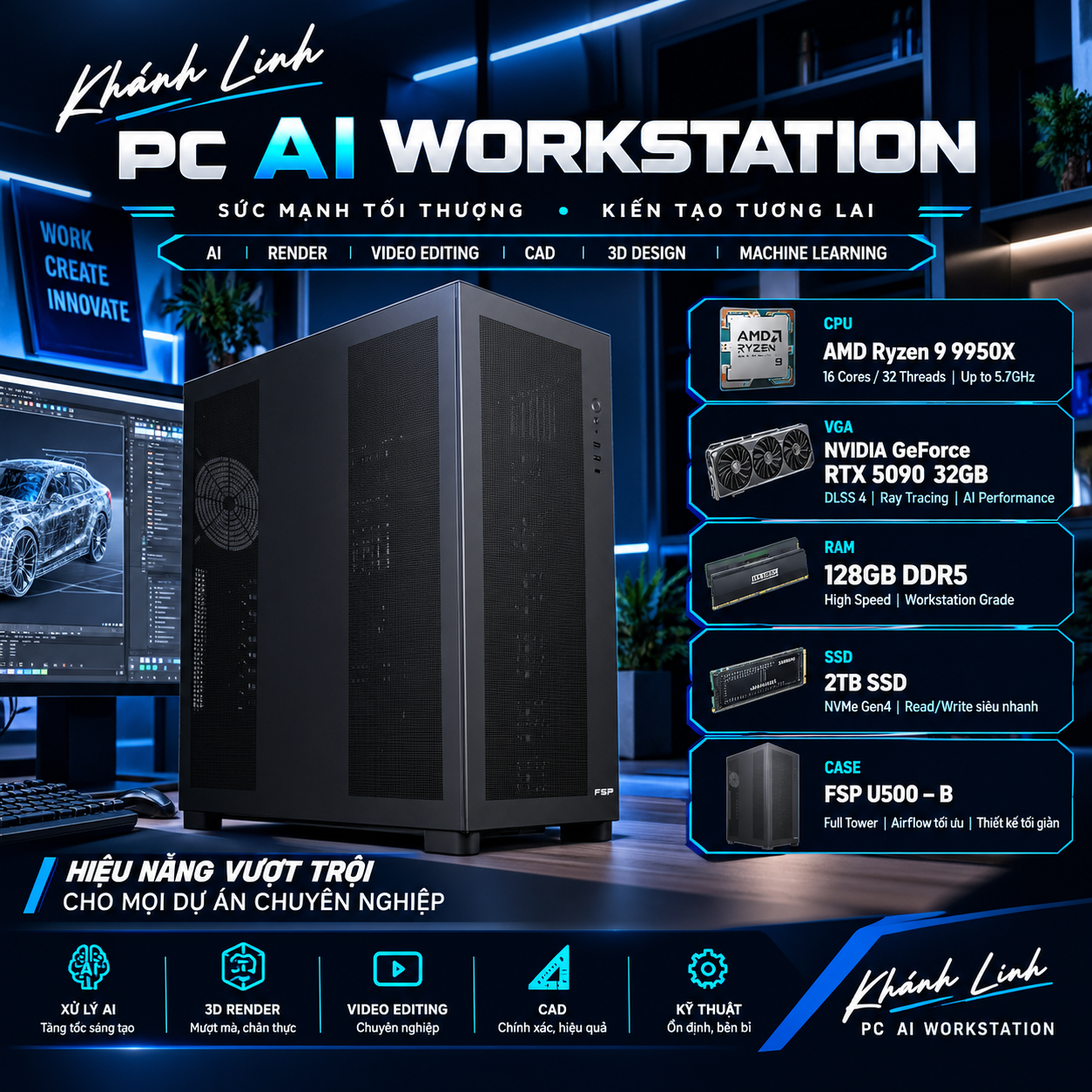 PC AI Workstation | Ryzen 9 9950X | RTX 5090 32GB | 128GB DDR5 | 2TB SSD