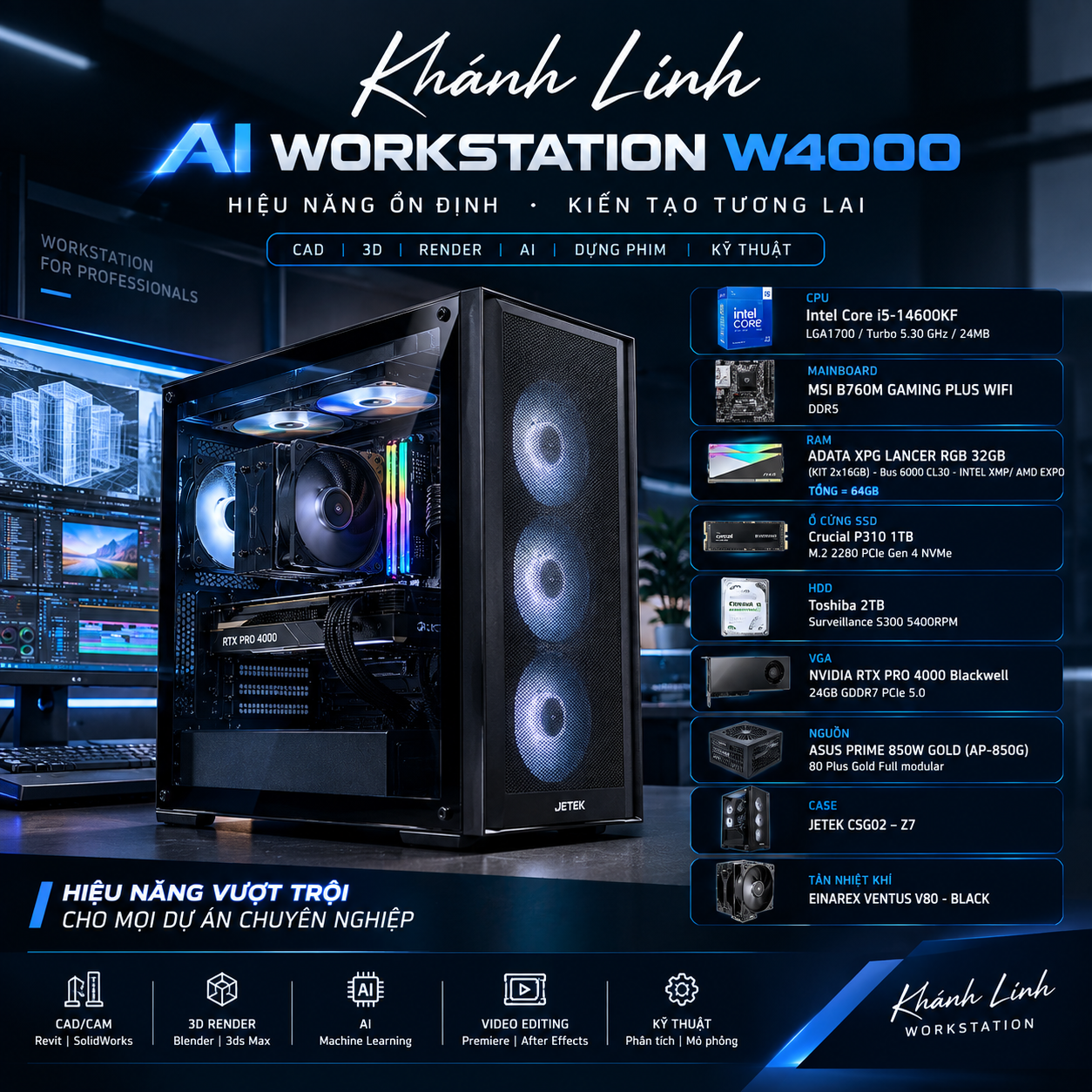 AI Workstation Intel Core i5-14600KF | NVIDIA RTX PRO 4000 Blackwell 24GB GDDR7 | 64GB DDR5 6000 | SSD 1TB + HDD 2TB