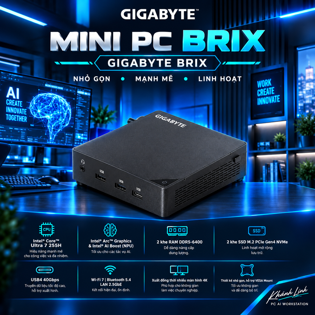 mini pc gigabyte brix gb-bru7-255h (intel core ultra 7 255h/ ddr5-6400/ 2x nvme/ usb4/ wi-fi 7/ bluetooth/ lan/ vesa)