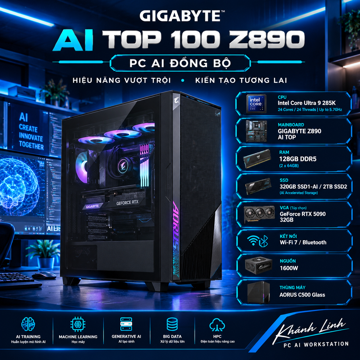 pc ai đồng bộ gigabyte ai top 100 z890 (ultra 9 285k/64gd5/320gbssd1- ai/2tbssd2/wf7/bt/32g - rtx 5090/đen)