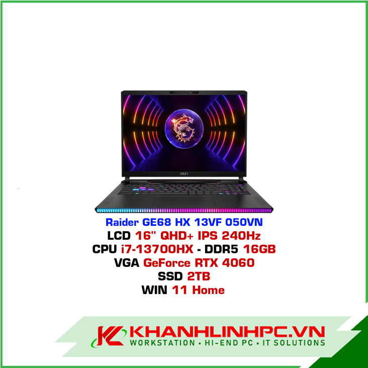 Laptop MSI Raider GE68 HX 13VF-050VN (Intel Core i7-13700HX / 16GB / 2TB / RTX 4060 / 16 inch QHD+ / Win 11 / Đen)
